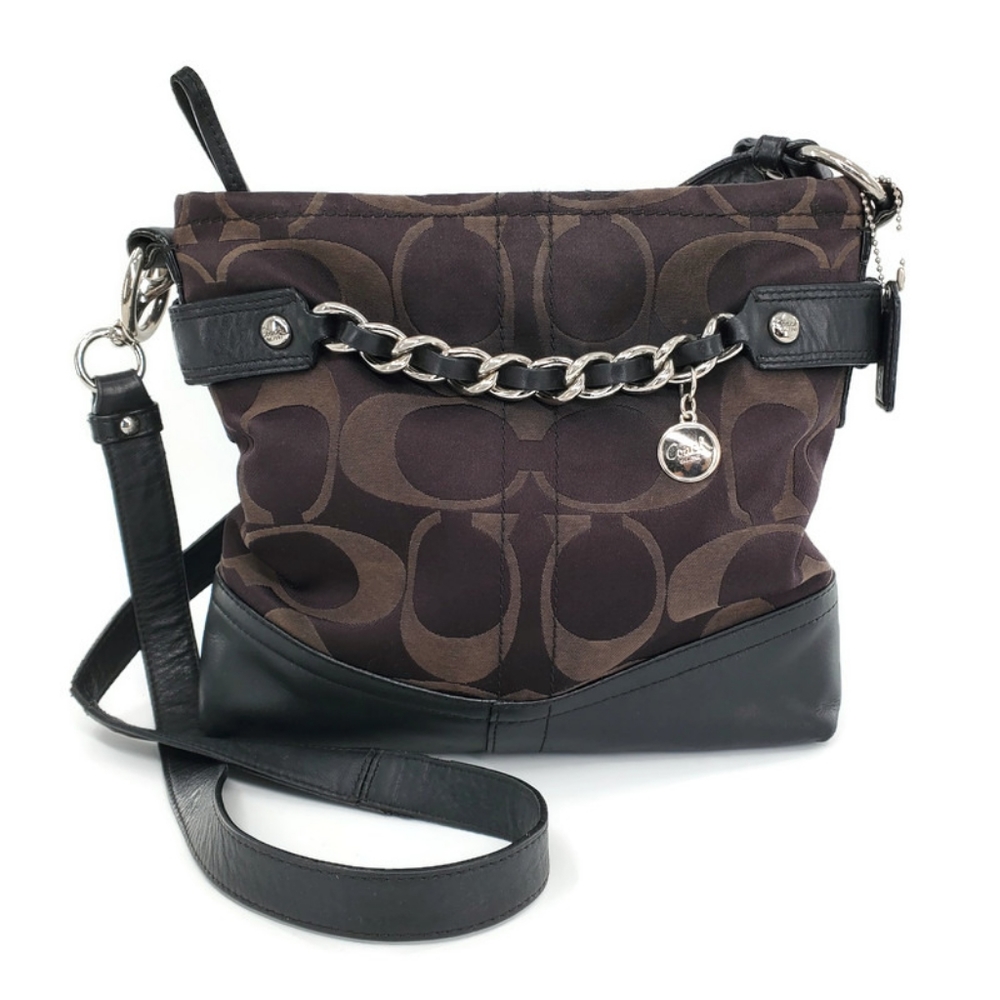 Coach Signature C Brown Jacquard &  Black Leather w/Silver Chain Hobo Crossbody